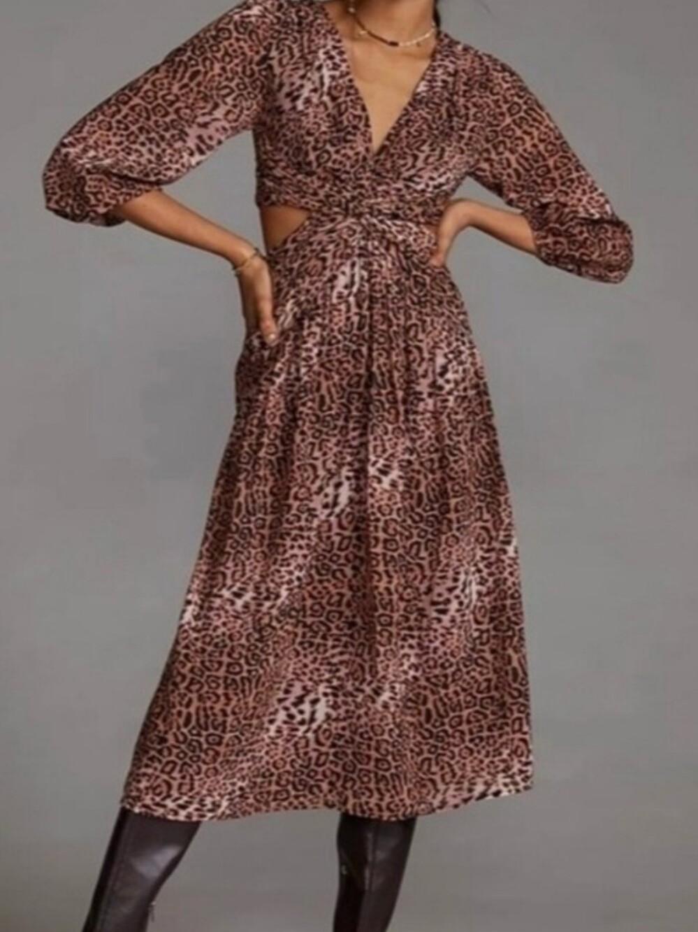 Anthropologie Ranna Gill Leopard Print Cutout Midi Dress Size Small Twist Front